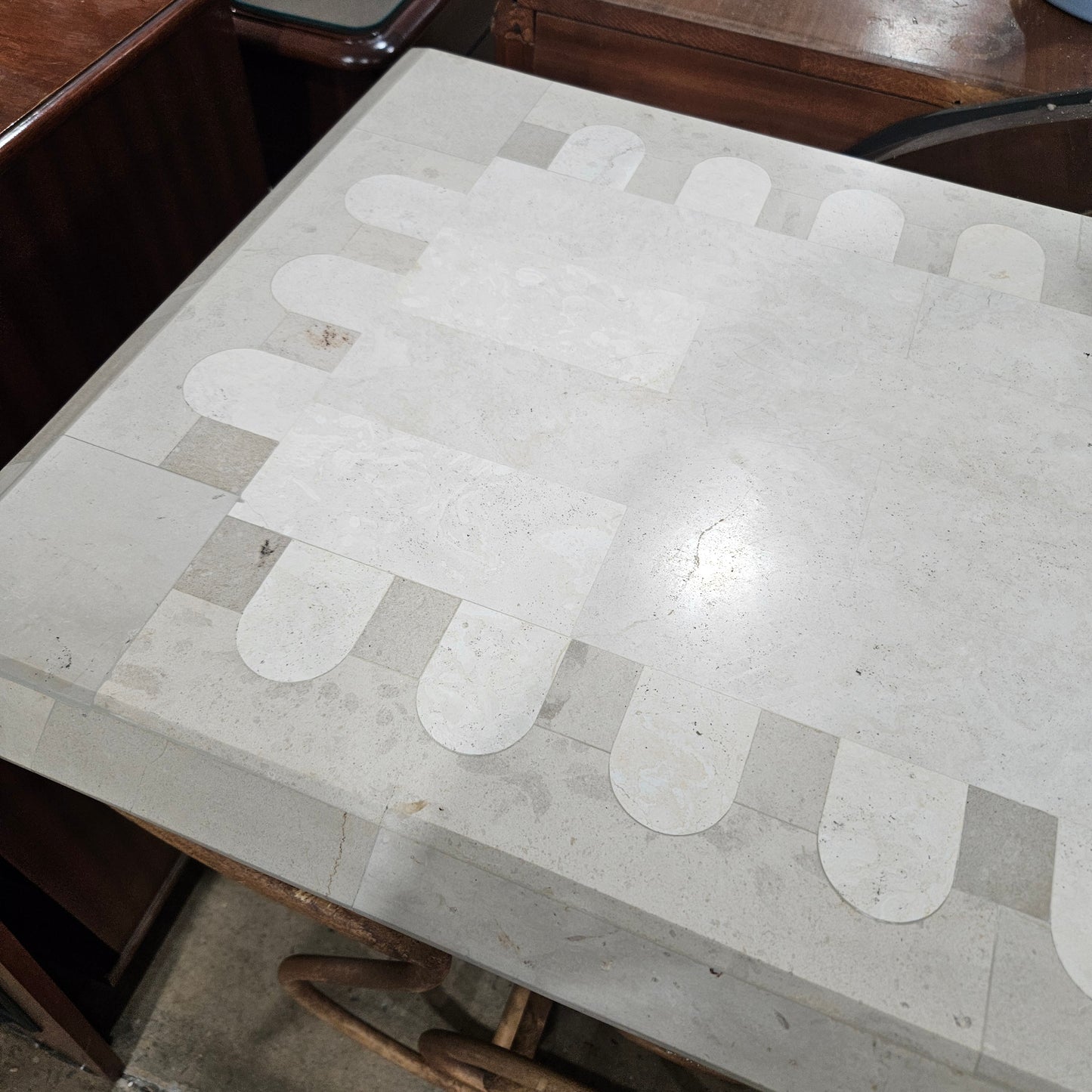 Vintage Wrought Iron Console Table With Tessellated Stone Top and Wine Rack