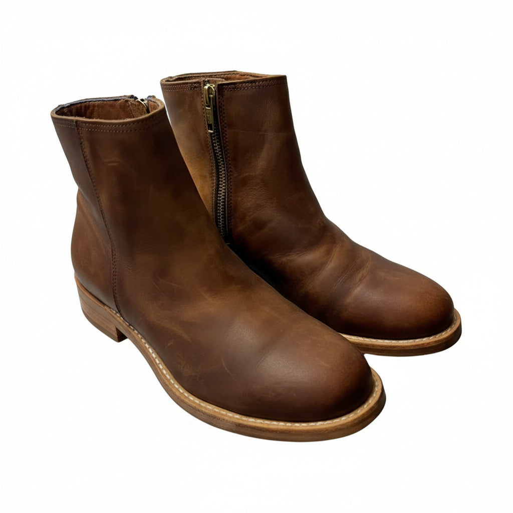 Patina Brown Leather Block Heel Ankle Booties