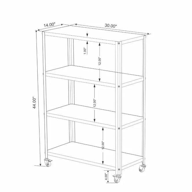 (New) Small 44" 3 Shelf Rolling Metal Bookcase