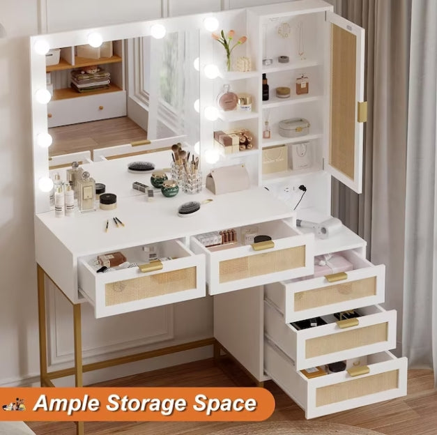 Qeetex Vanity Mirror with Lights and Table and Power Outlet Makeup Vanity Table