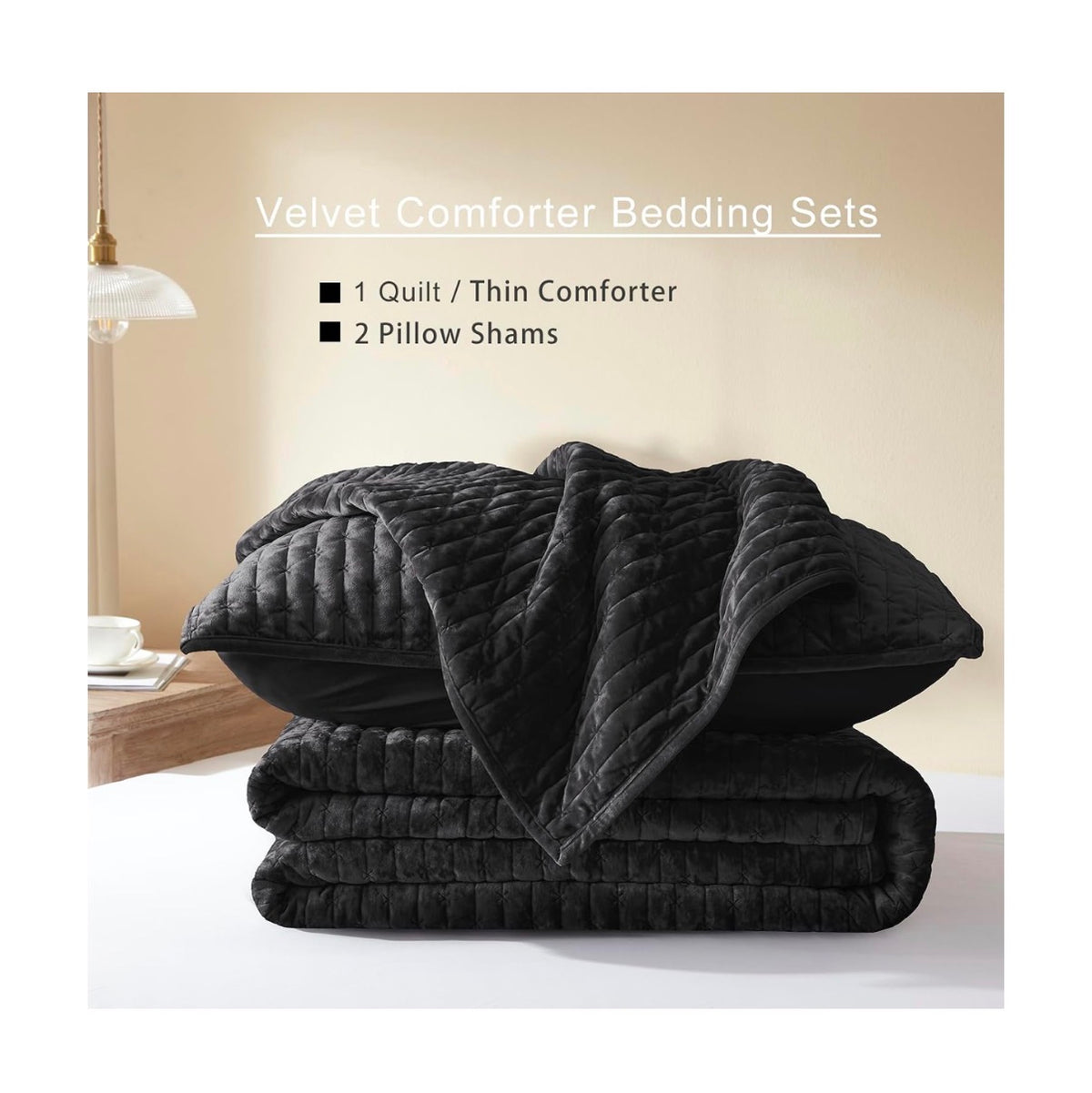 Velevt Quilt California King Size 118 Inch X106 Inch, Lightweight Black Velvet Comforter Set with 2 Matching Shams, Soft Cross Stitch Bedspread Coverlet, Oversized King Bedding Set for All Season (New in Box)