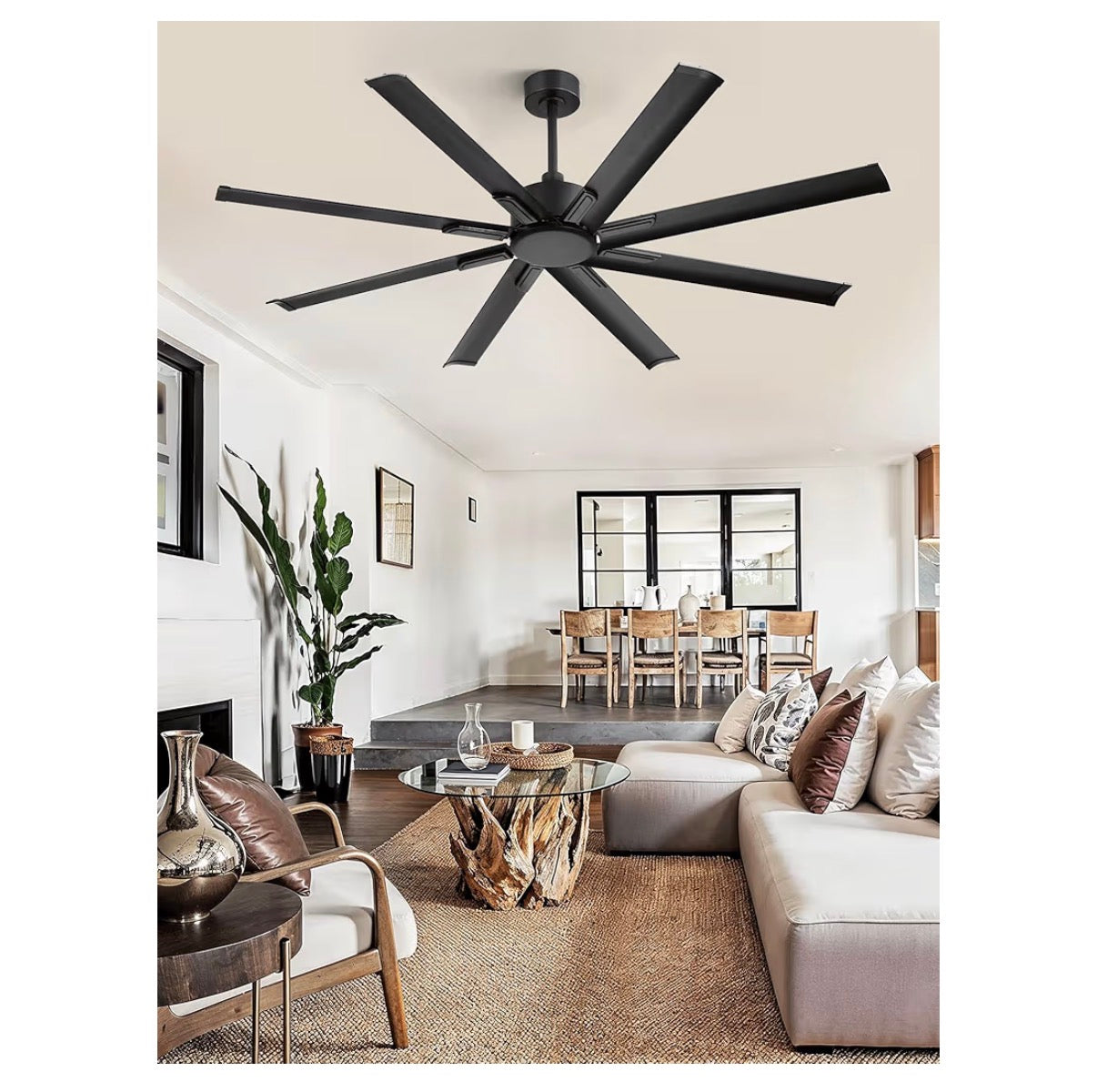 65 Inch No Light Large Industrial Ceiling Fan with 8 Aluminum Blades, Quiet DC Motor, 6 Speeds, Modern Ceiling Fan without Light for Garage/Shop/Living Room (Black) (New in Box)