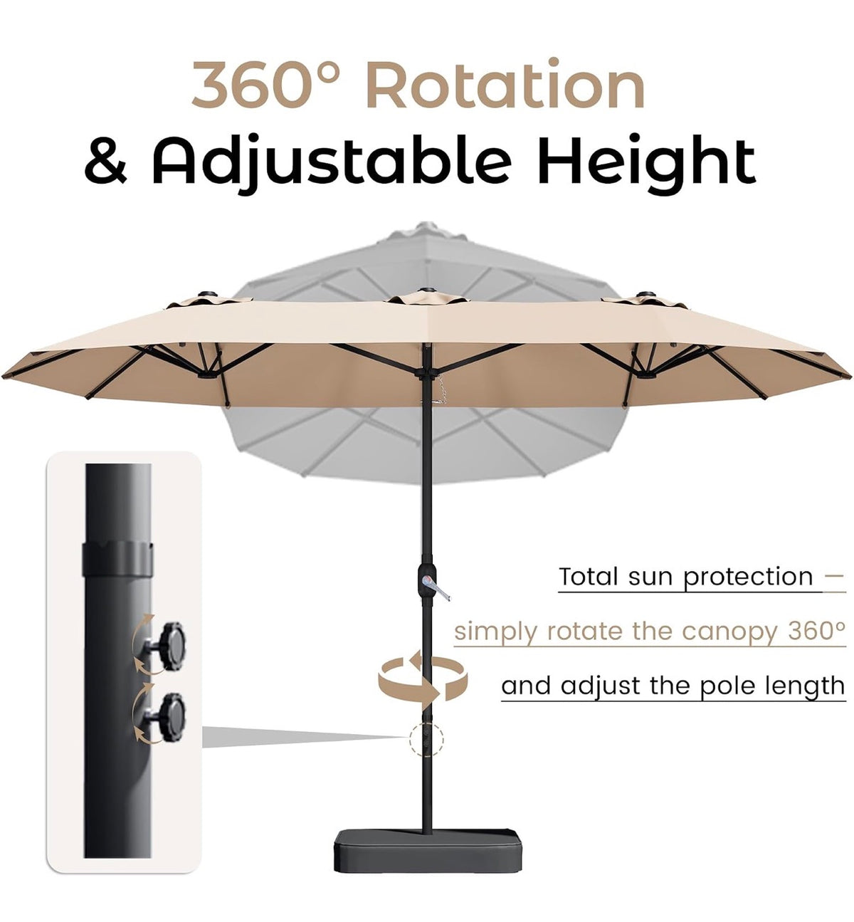 15 Ft. Patio Umbrella with Base large Double Sided Rectangular Umbrella Beige Outdoor Giant Triple Head Umbrella with Crank Handle, Market Umbrella for Poolside, Garden, Deck, Backyard and Beach (New in Box)