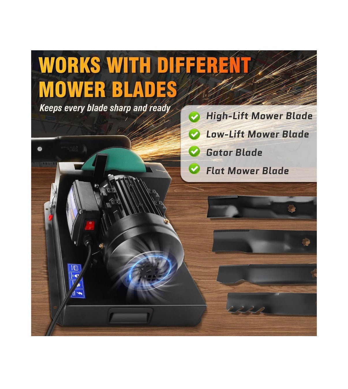 Lawn Mower Blade Sharpener 2/3 HP 550W, 20 Sandpapers 60&180 Grit Lawnmower Blade Sharpener with 7 Inch Grinding Wheel Blades Grinder Blade Sharpening Machine for High/Low Lift, Gator & Flat Blade