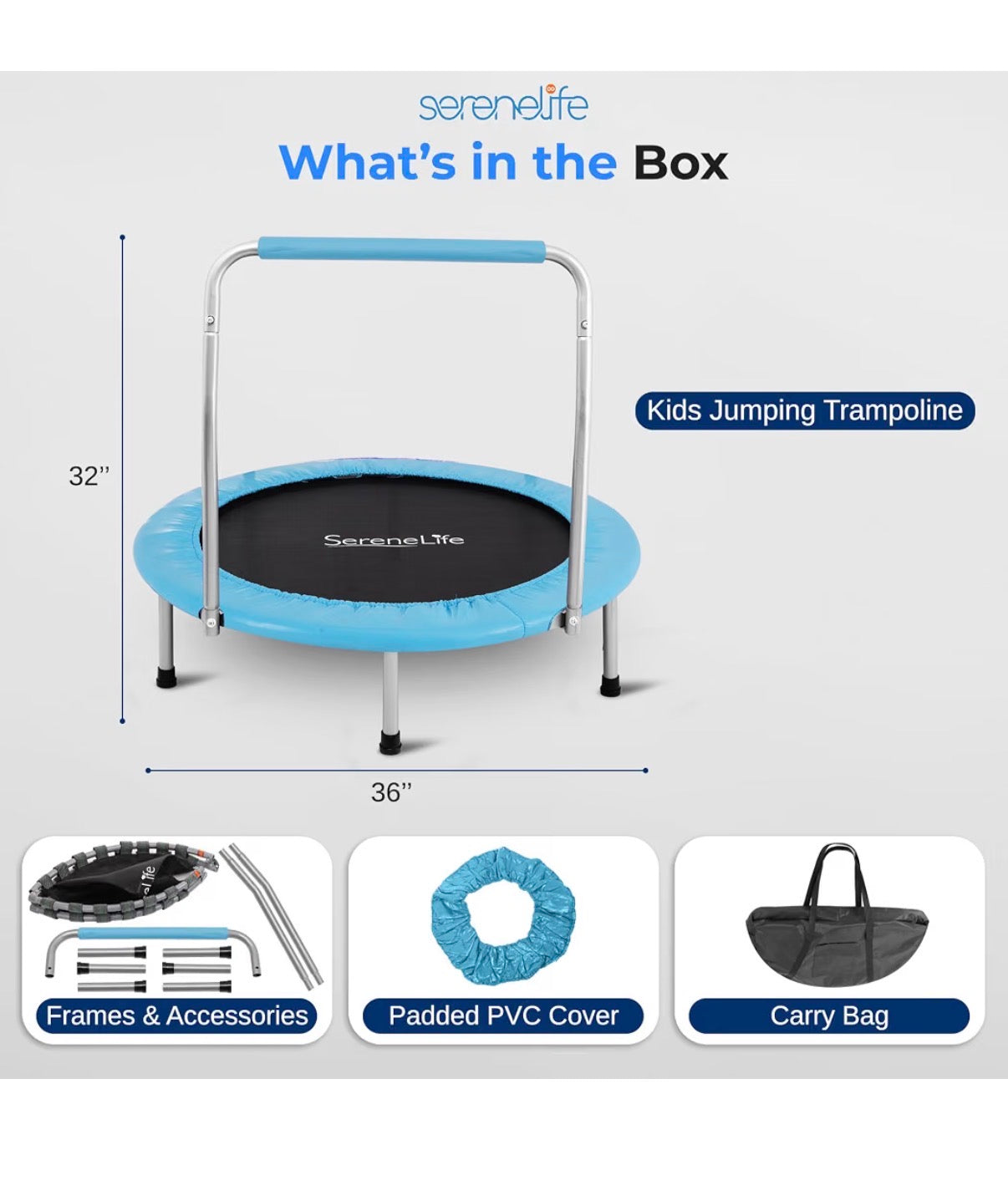SereneLife 36 Inch Foldable Mini Trampoline for Kids Compact Fitness Rebounder with Foam Handle Safe, Stable Exercise Trampoline with 330 lbs Max Load for Indoor/Outdoor Active Play & Exercise (Light Blue) (New in Box)