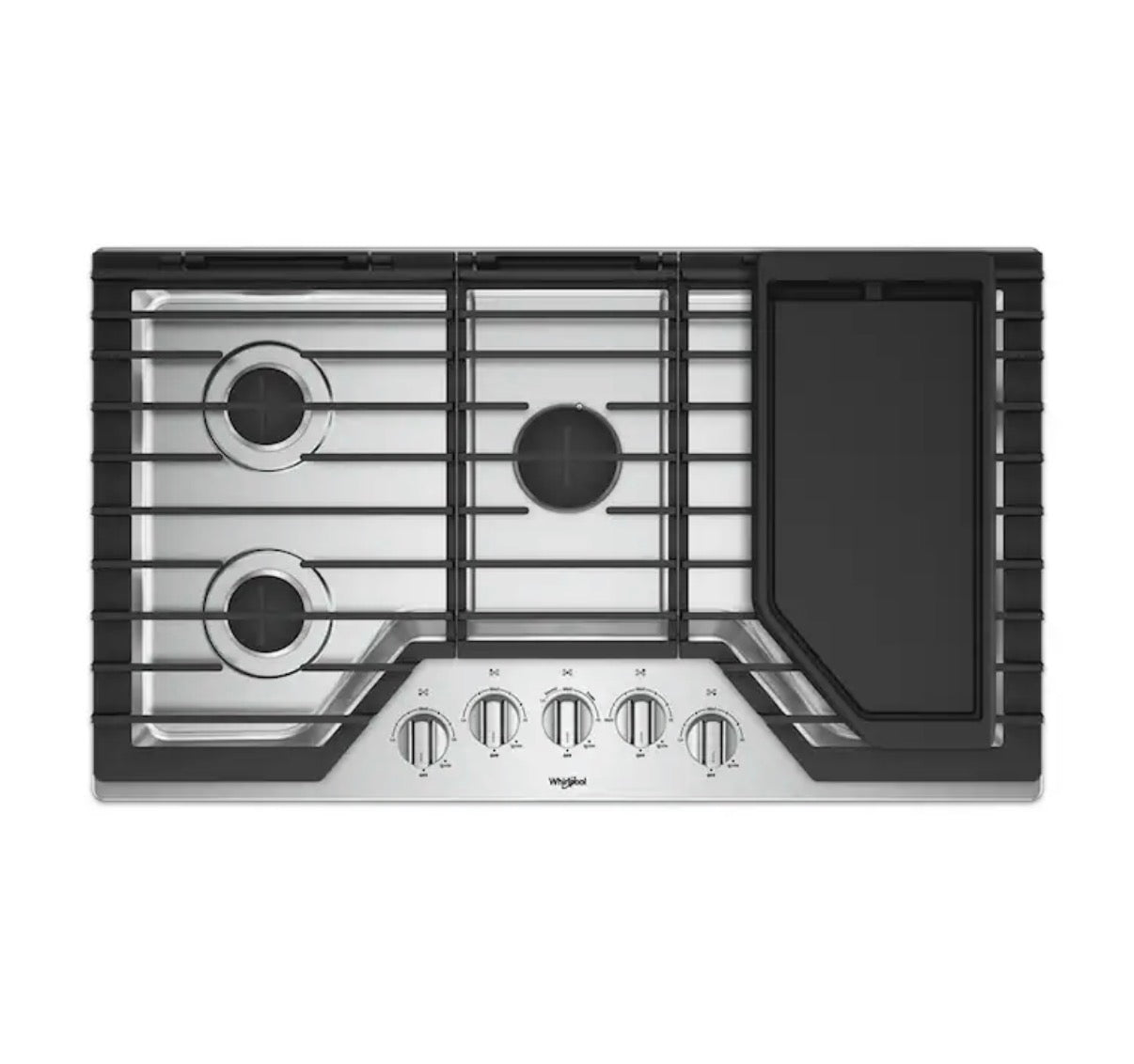 Whirlpool- 36 inch 5 Burner Stainless Steel Gas Cooktop (griddle included)
