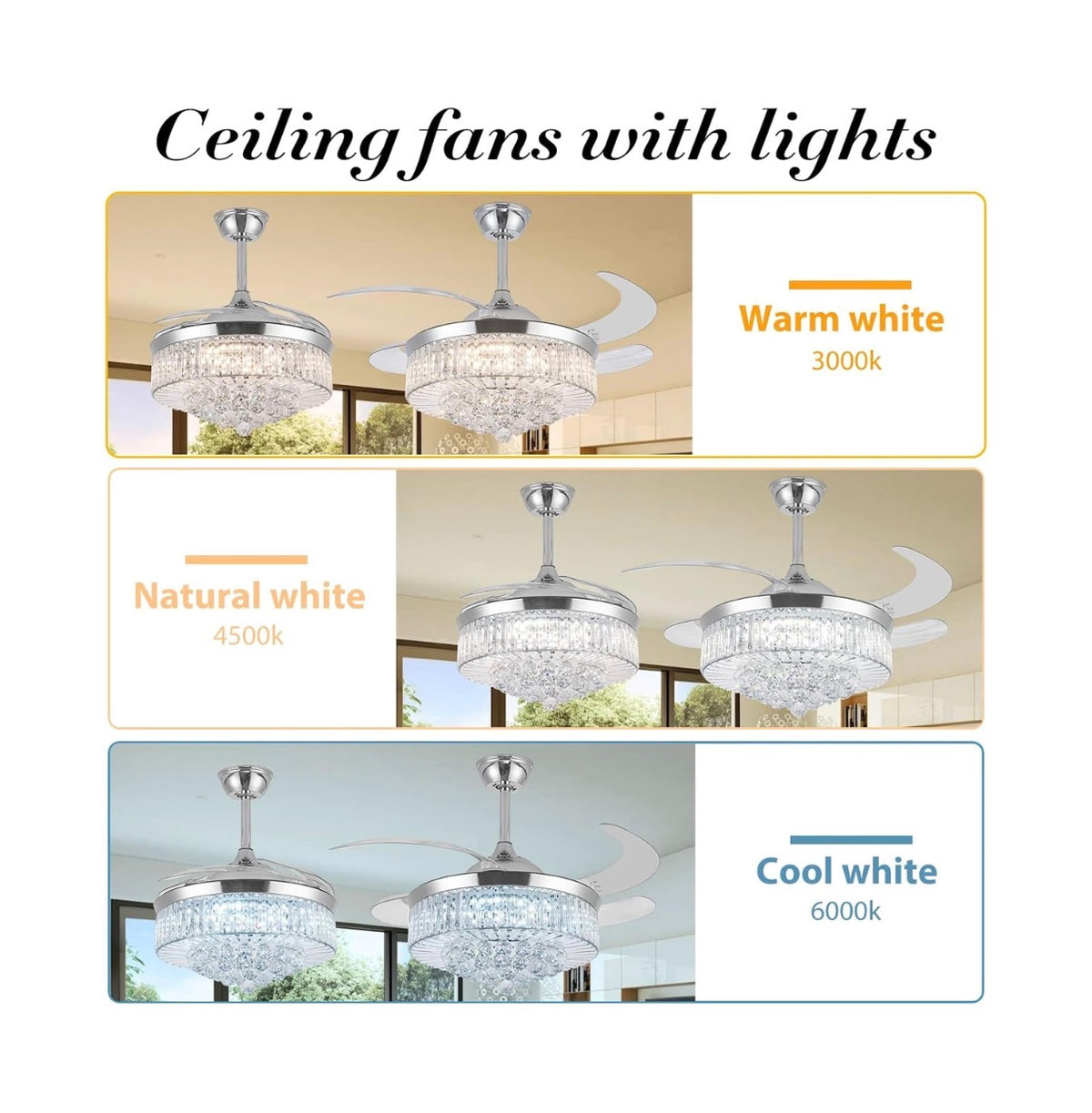 42 Inch Crystal Ceiling Fan with Light, Silvery Chandelier Fan with Remote, 6 Speeds, 3 Colors Changes, 4 Blades Rectangle Ceiling Fan for Bedroom, Living Room, Dining Room (Silver) (New in Box)