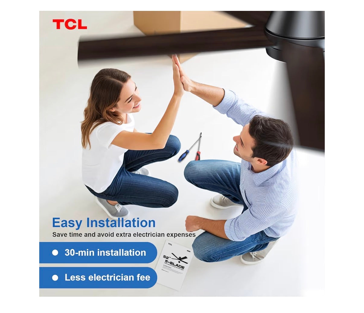 TCL 52 Inch Ceiling Fan with Lights, Blck Flush Mount Ceiling Fans with Remote Control, 6 Speeds DC Reversible, Dimmable, Noiseless, Low Profile Ceiling Fans for Bedroom (Black) (New in Box)