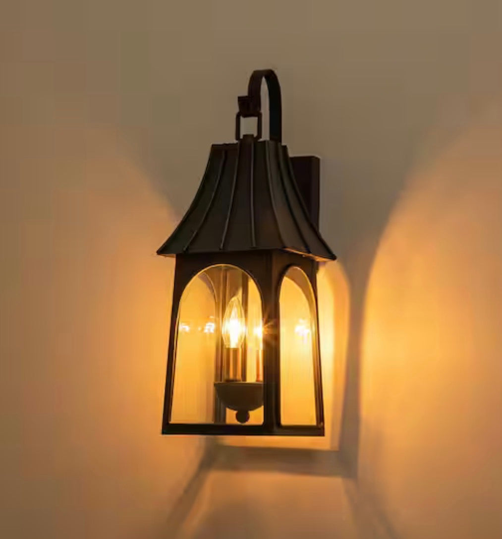 Forgeglow 20.9 inch 3 light Black/Gold outdoor hardwired wall lantern sconce with clear glass