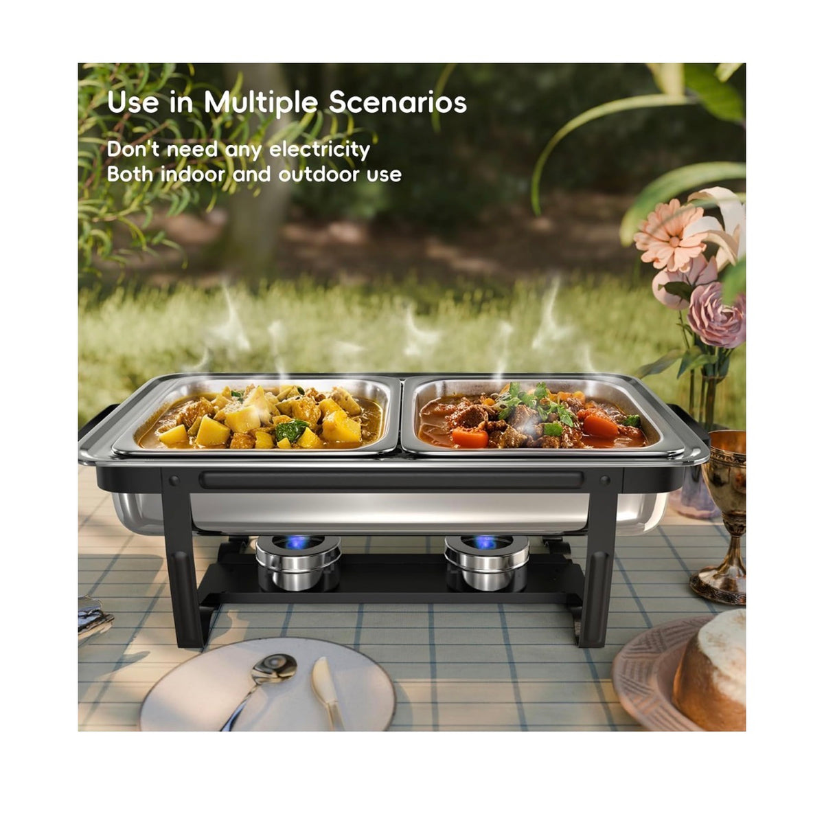 Chafing Dishes for Buffet 9 Qt 4 Pack with Multi-Size Food Pans Screwless Installation Chafing Dish Buffet Set, Foldable Handles Stacking Design, Stainless Steel for Events (New in Box)