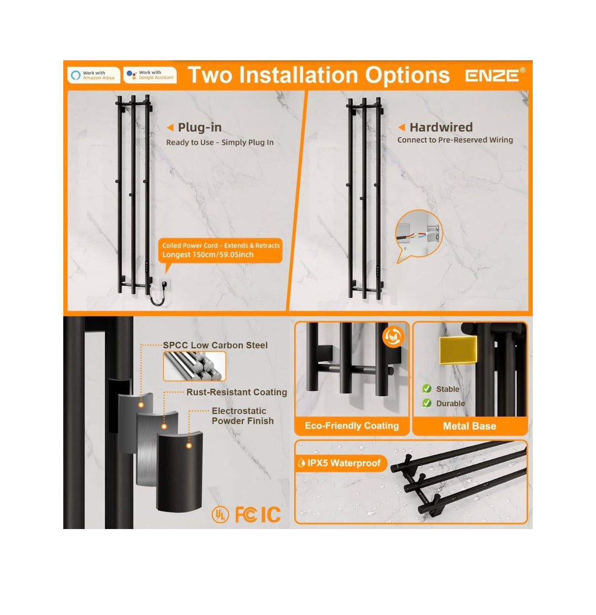 Smart Heated Towel Rack, Wall Mounted Vertical Electric Towel Warmer Rack 220W WiFi App Control & LED Touch Screen, Adjustable Temp & 24 Hour Timer (Black) (New in Box)