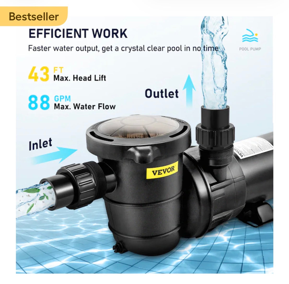 VEVOR Swimming Pool Pump, 1.5 HP 115 V, 1100 W Single Speed Pumps for Above Ground Pool w/Strainer Basket, 5280 GPH Max. Flow, Certification of ETL for Security