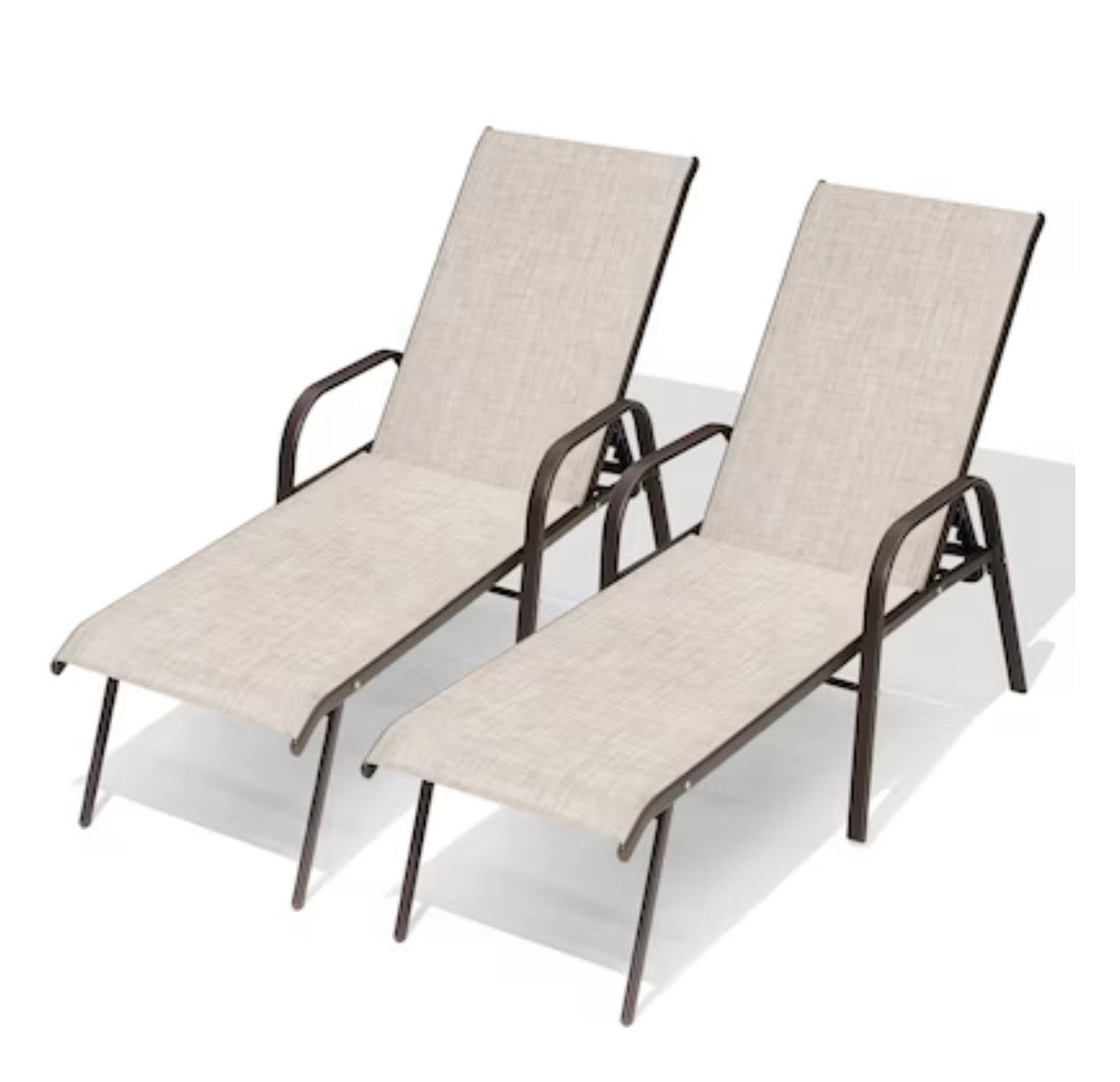 Crestlive Products Set of 2 Stackable Brown Steel Frame Stationary Chaise Lounge Chair with Beige Textilene Mesh Seat