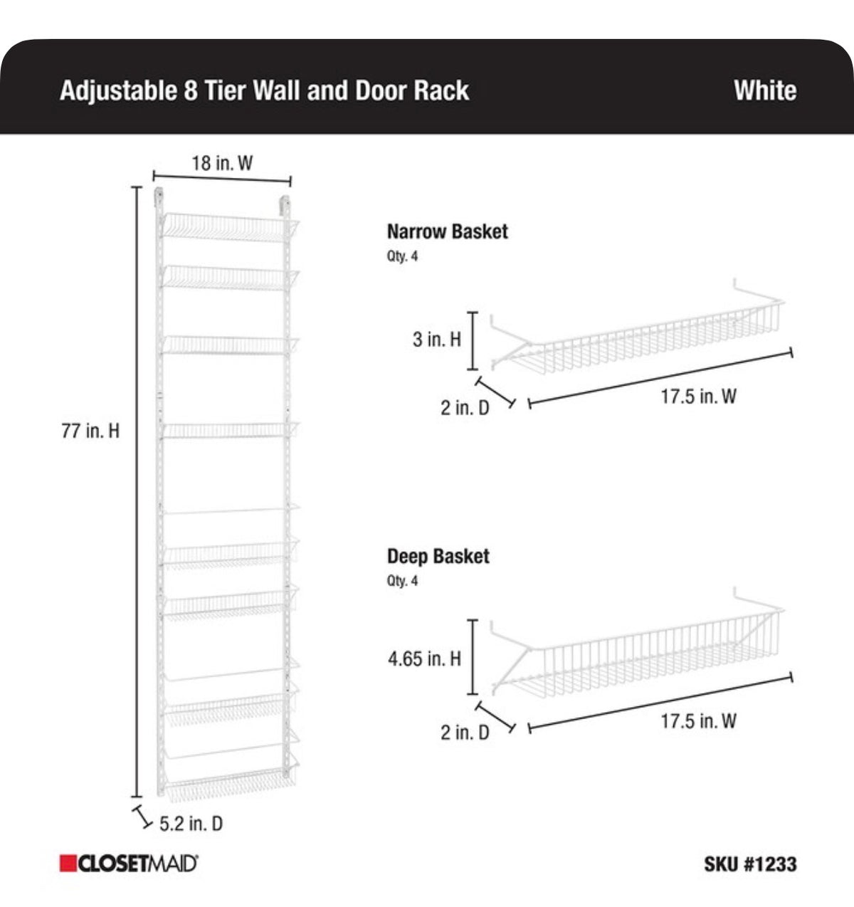Closet Maid 18 Inch W X 77 Inch H X 5.2 Inch D 8 Tier White Metal Door Organizer (New in Box)