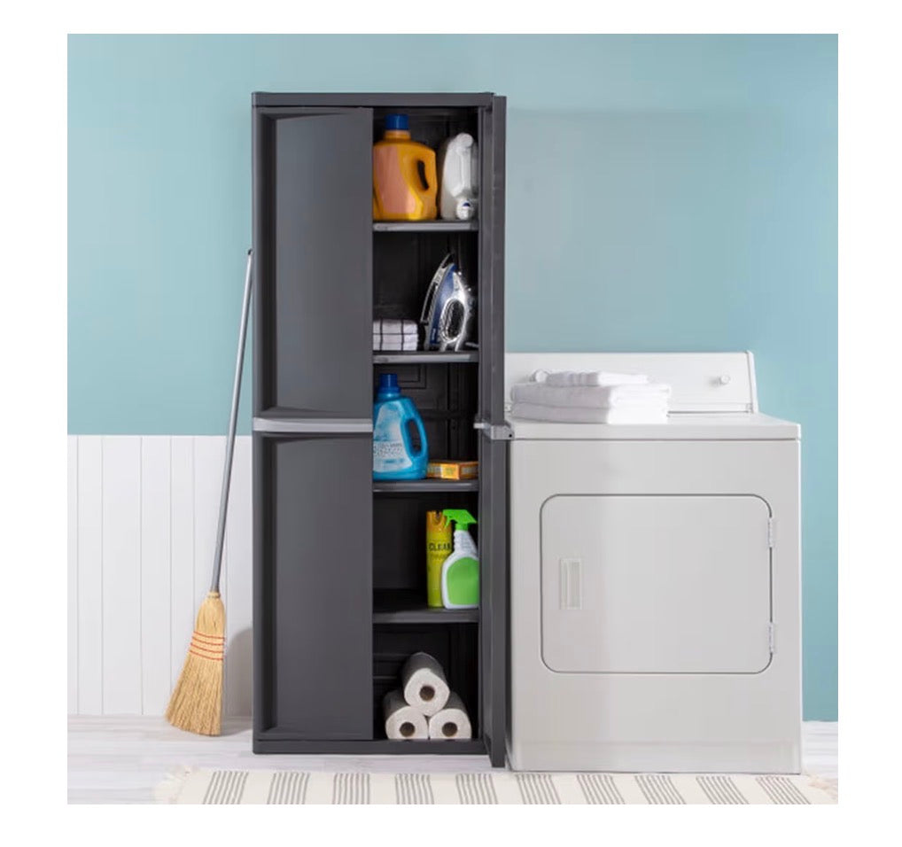 Sterlite 4 Shelf Cabinet, Lockable Utility Storage Adjustable Shelves Plastic Shelving Unit for Organizing, Garage, Pantry, Basement, Laundry Room, or Mudroom (Gray) (New in Box)