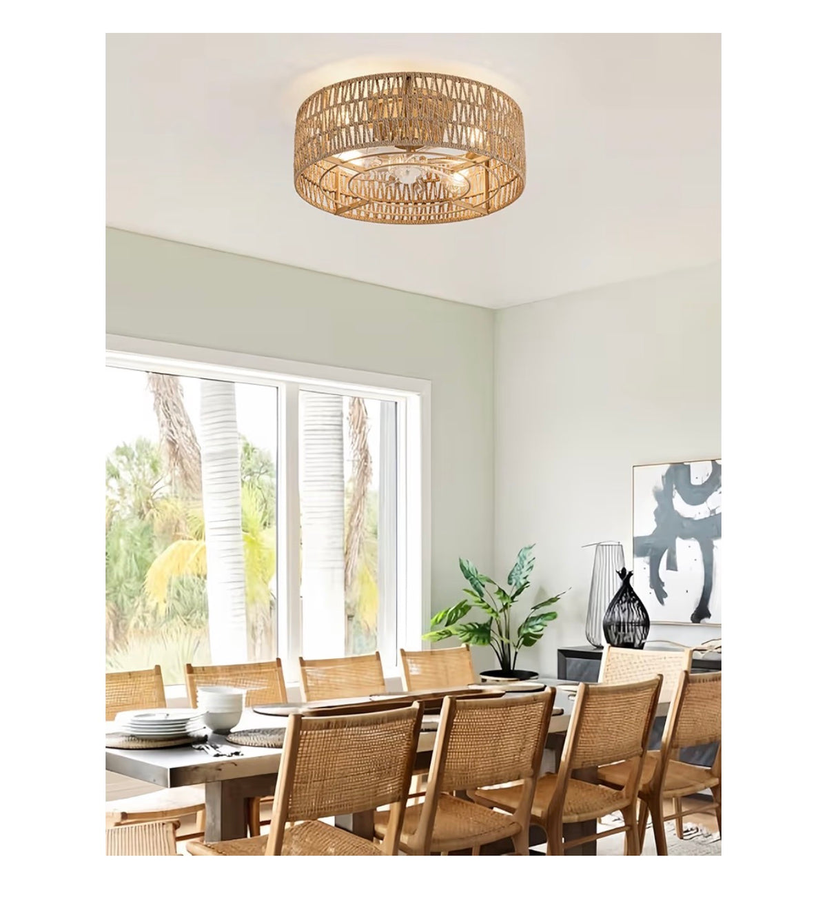 Boho Caged Flush Mount Ceiling Fan with Lights and Remote Control Hand Woven Rattan Chandelier with 6 Speeds Reversible and Timer Enclosed Design for Living Room, Bedroom, or Dining Room (New in Box) (Gold)