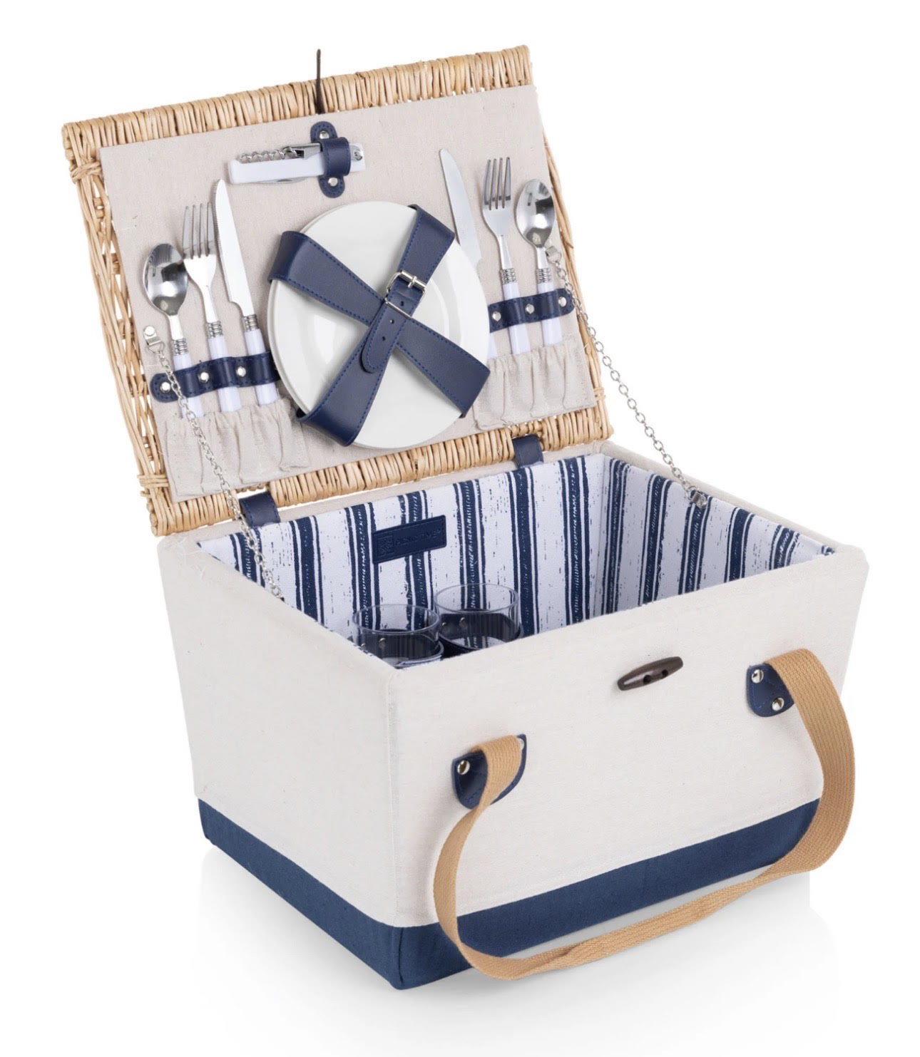 Picnic basket with cutlery set, plates, and napkins on a white background