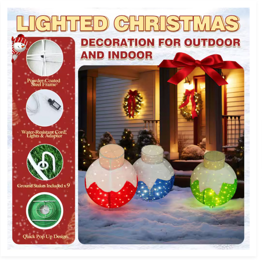 35 inch Pop-Up Ornament Outdoor Christmas Holiday Yard Decoration Warm White LED (3-Piece) New in box