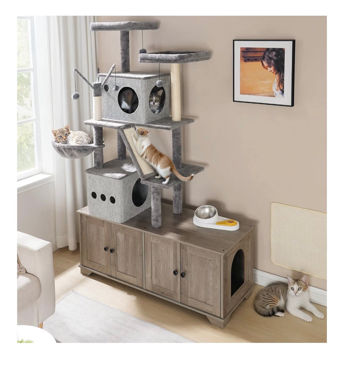 Double Litter Box Enclosure with Cat Tree, 45.3 Inch Length X 17.7 Inch Width X 68.9 Inch Height All in One Modern Cat Tower with Bed, Hidden Litter Box Enclosure Furniture, with Hammock (Geige) (New in Box)