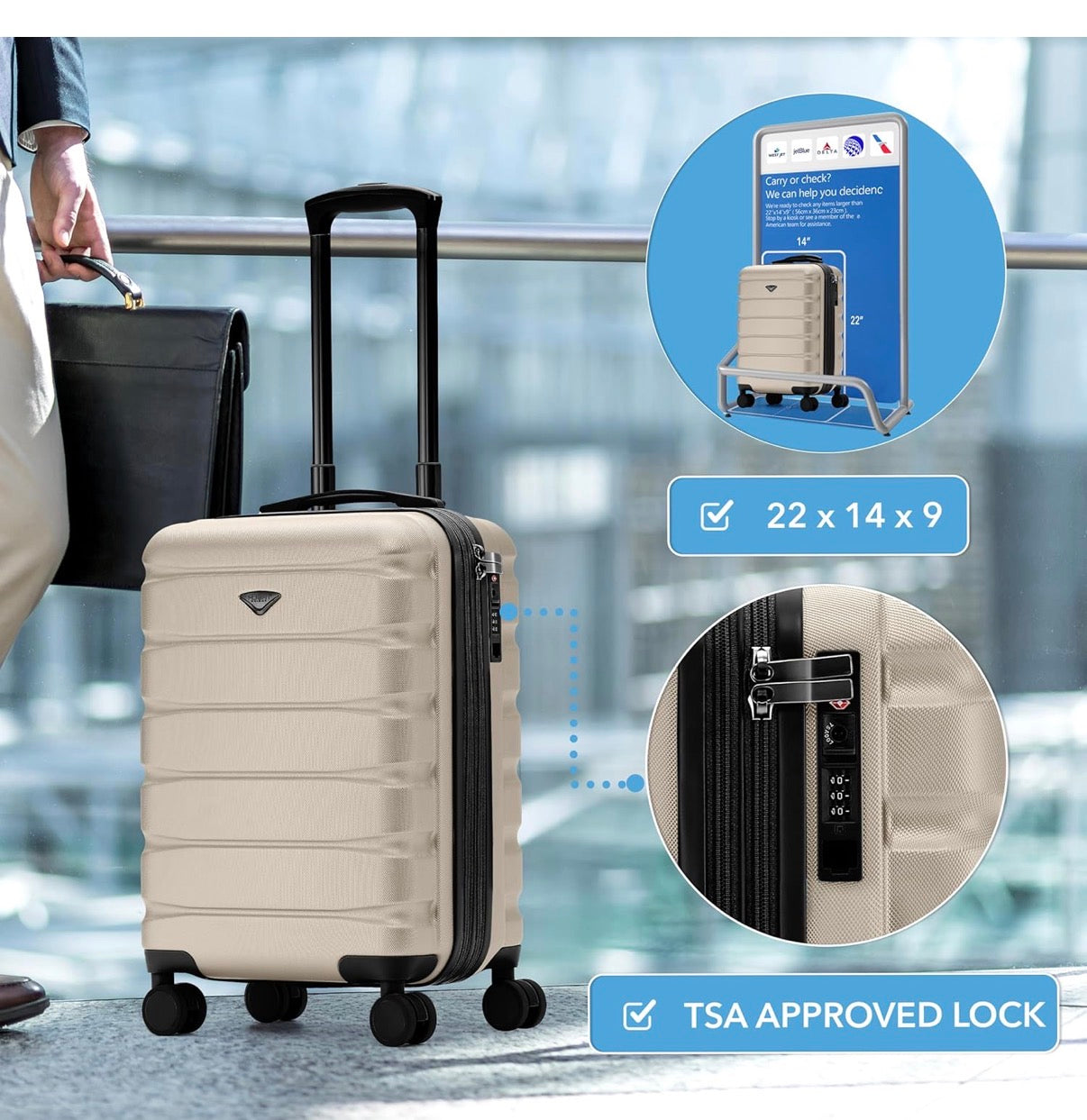 Flight Knight- Champagne 22 X 14 X 9 Expandable Carry on Suitcase
