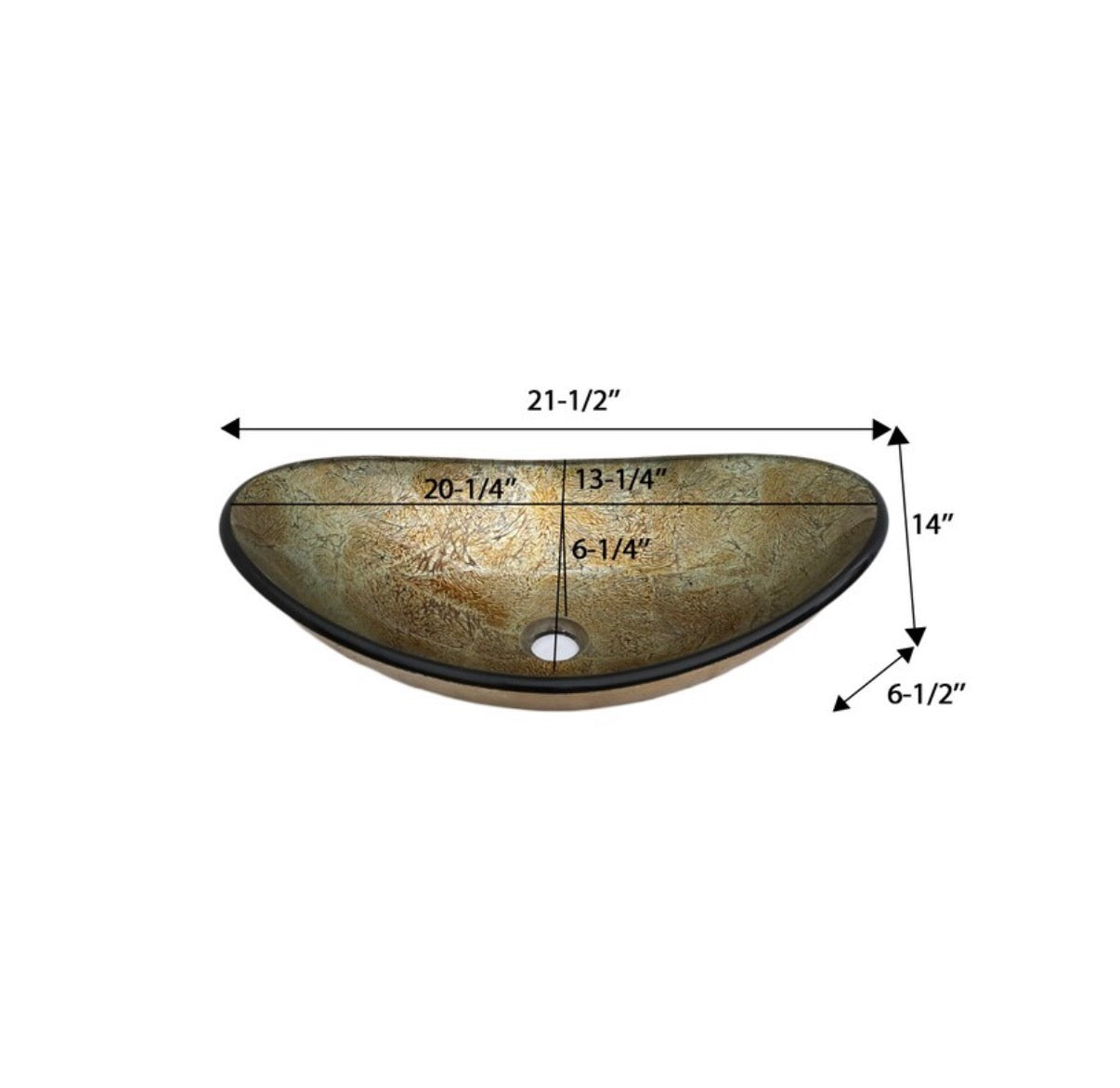 Glass 14 Inch Vessel Oval Modern Antique Gold Bathroom Sink with Drain (New in Box)