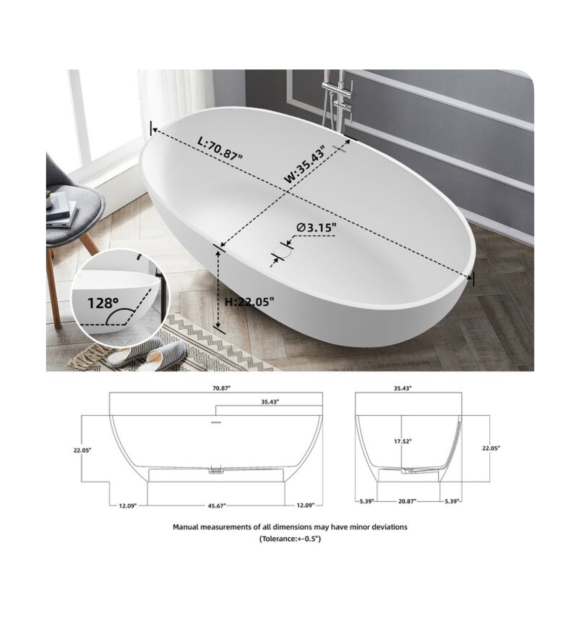 35.4 Inch X 70.9 Inch Matte White Solid Surface Oval Freestanding Soaking Bathtub with Drain (Centered Drain) (New in Box)