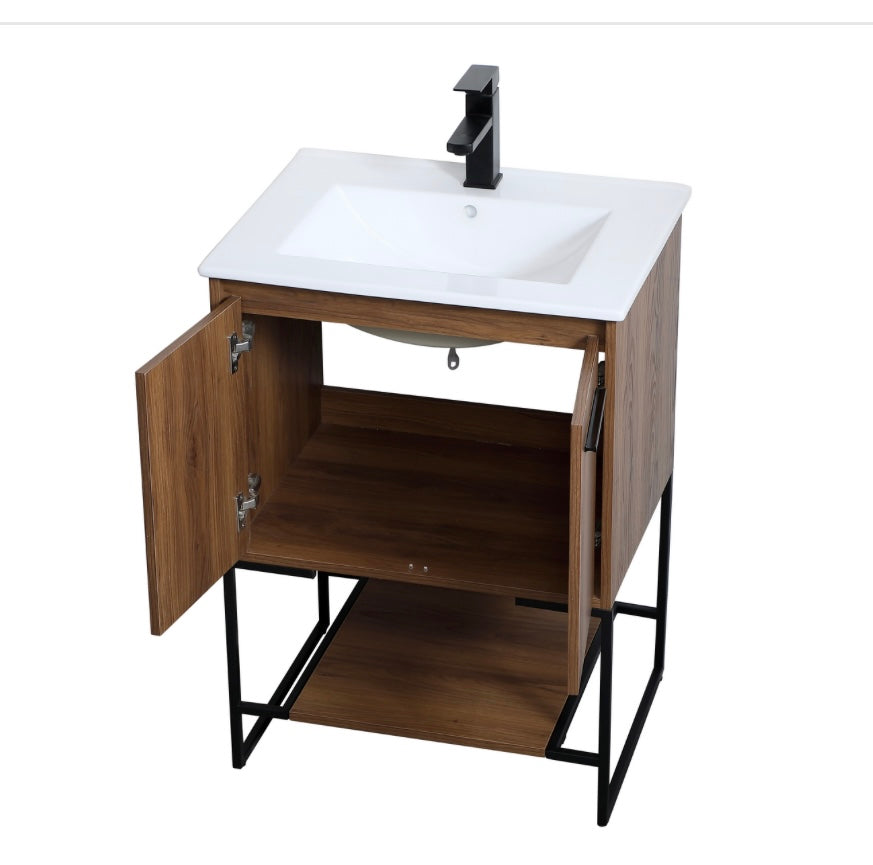 24 Inch Single Bathroom Vanity (Walnut Brown) (New)