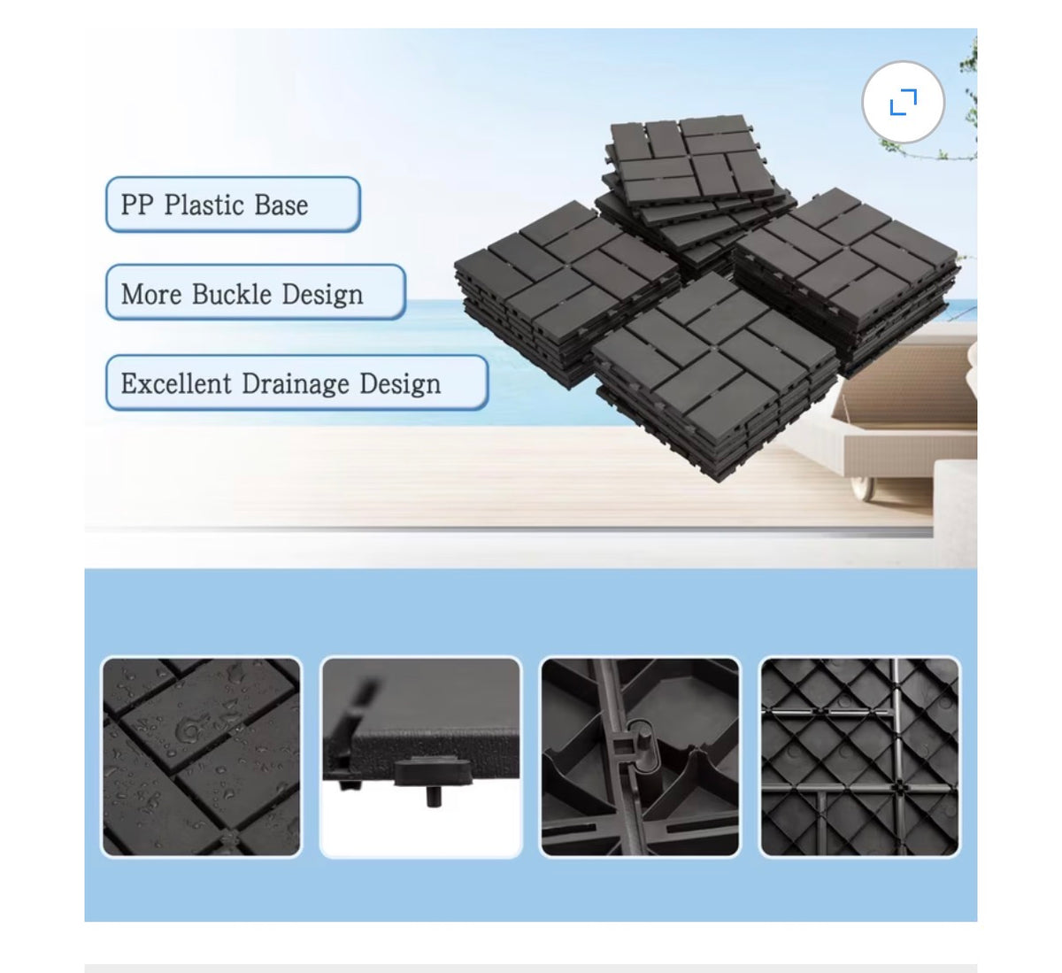 Domi Plastic Interlocking Deck Tiles, 44 Pieces One Pack, 12 Inch X 12 Inch Waterproof Outdoor Flooring All Weather Use Decking Tiles for Shed, Floor, Porch, Poolside, Garden, Backyard (Dark Gray) (New in Box)