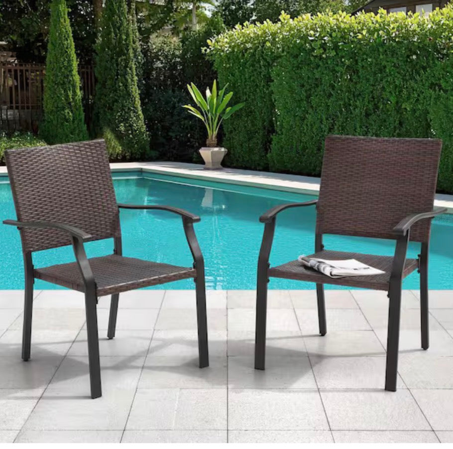 Black wicker and Iron Outdoor Dining Chairs with Powder Coated Finish (2-Pack)