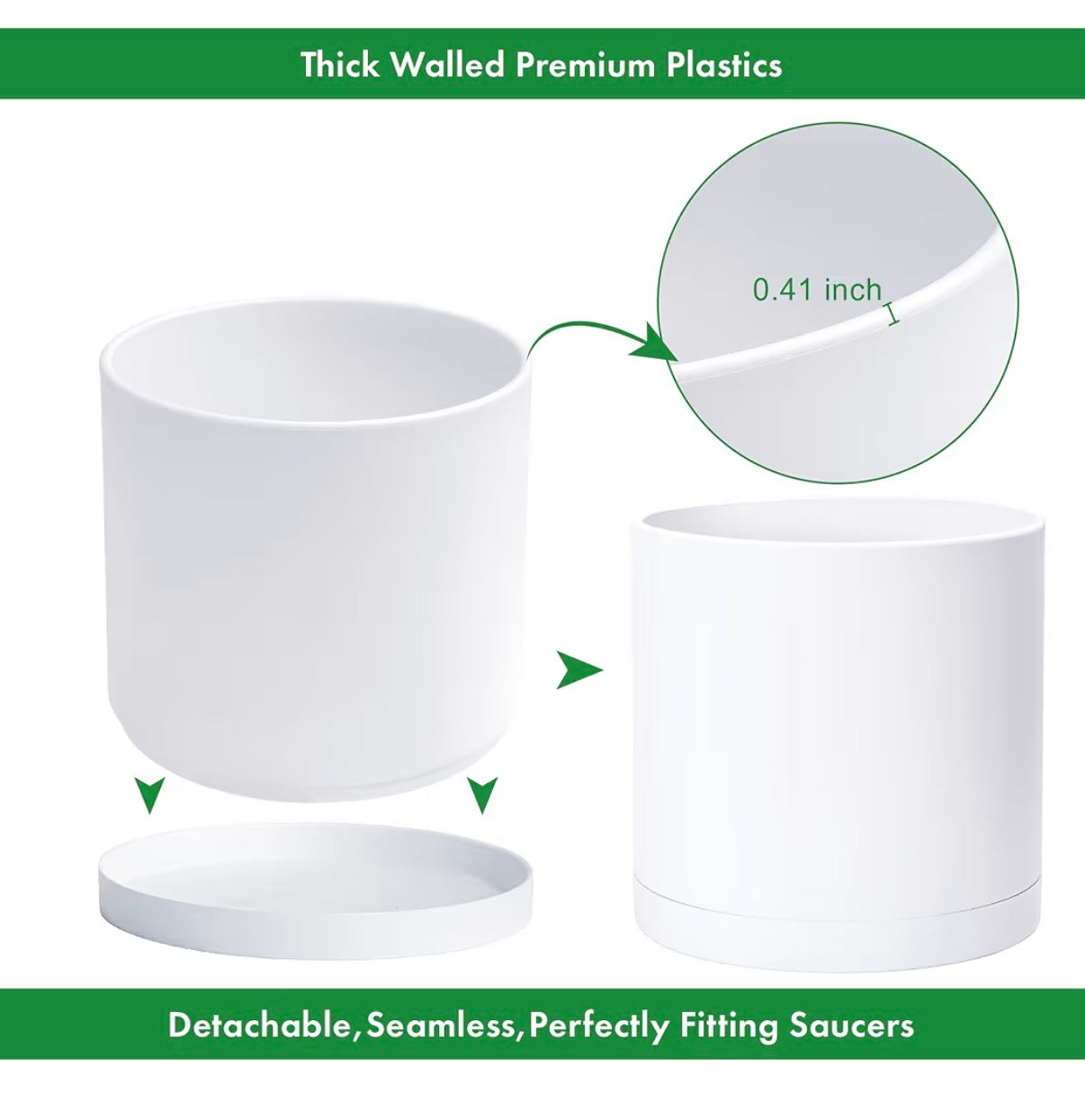 D'Vine Dev 16 Inch White Plastic Planter Pot with Drainage Hole and Seamless Saucers (New In Box)
