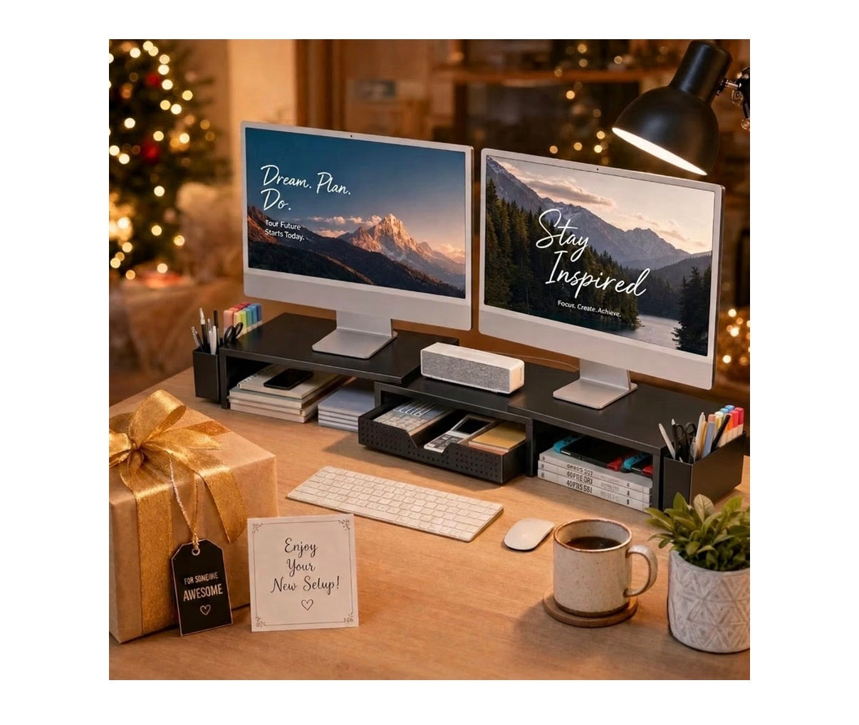 Desk Organizers and Accessories, Dual Monitor Stand Riser with Drawer and 2 Pen Holders, Desk Shelf Computer Racks & Printer Stand for Office Workspace Organizers, Desktop Organization (Black) (new in Box)