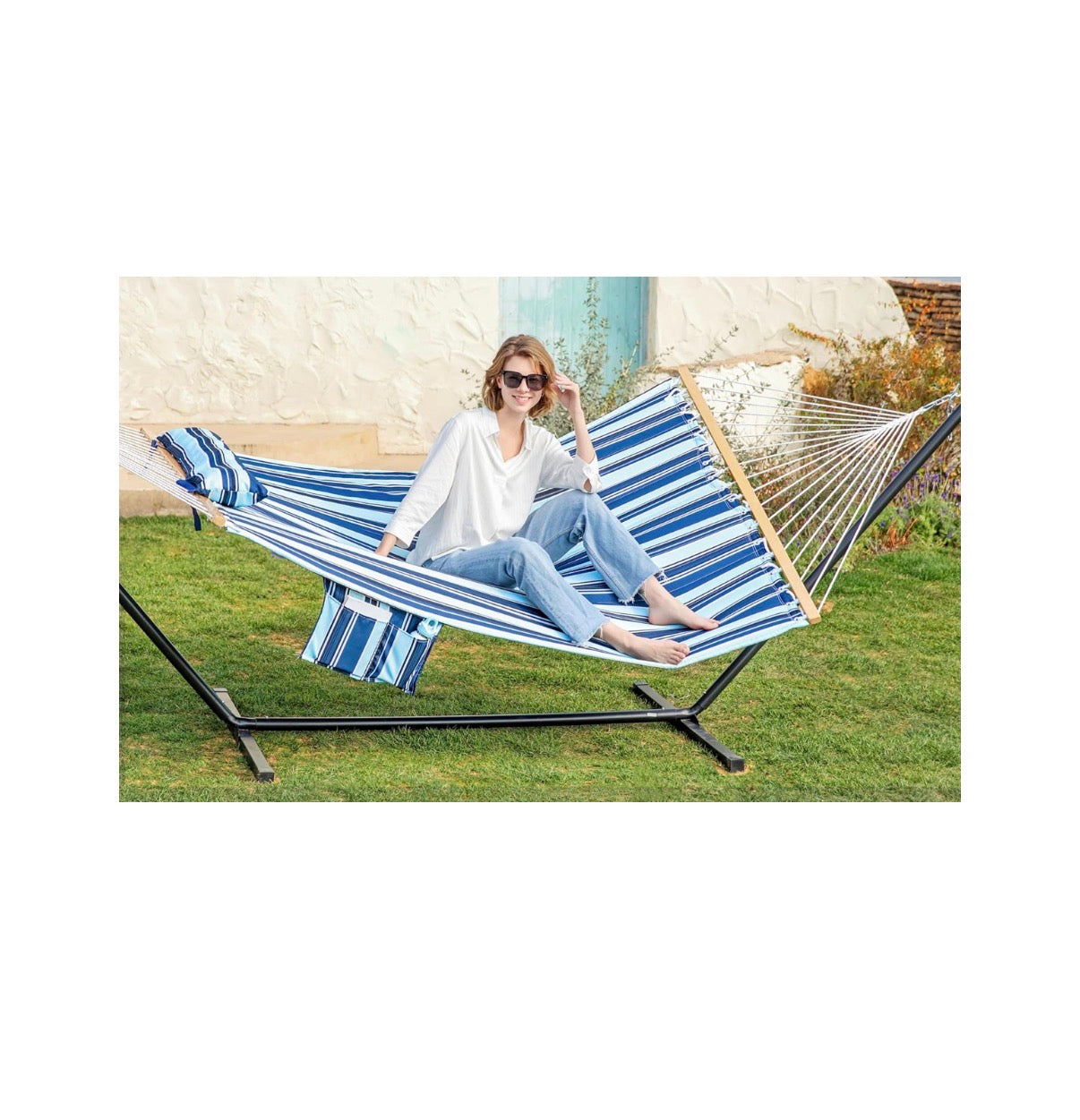 Gafete 12 Ft. 2 Person Hammock for Outside with Hardwood Spreader Bar 475 lbs, Comfy Quilted Fabric, Extra Large Removable Pillow, Convenient Side Pocket & Secure Carabiners, (Catalina Beach) (New in Box)