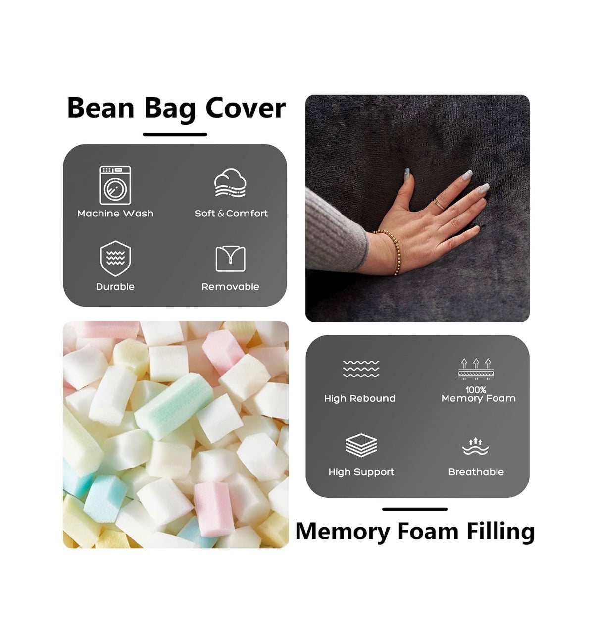 Big Bean bag Chair 4Ft. Memory Foam for Adults, Giant Lounge memory Foam Filler, Removable Washable Flannel Cover, Bean Bag Lounge Seat for Bedroom Living Room Adults/Kids (New in Box) (Black)