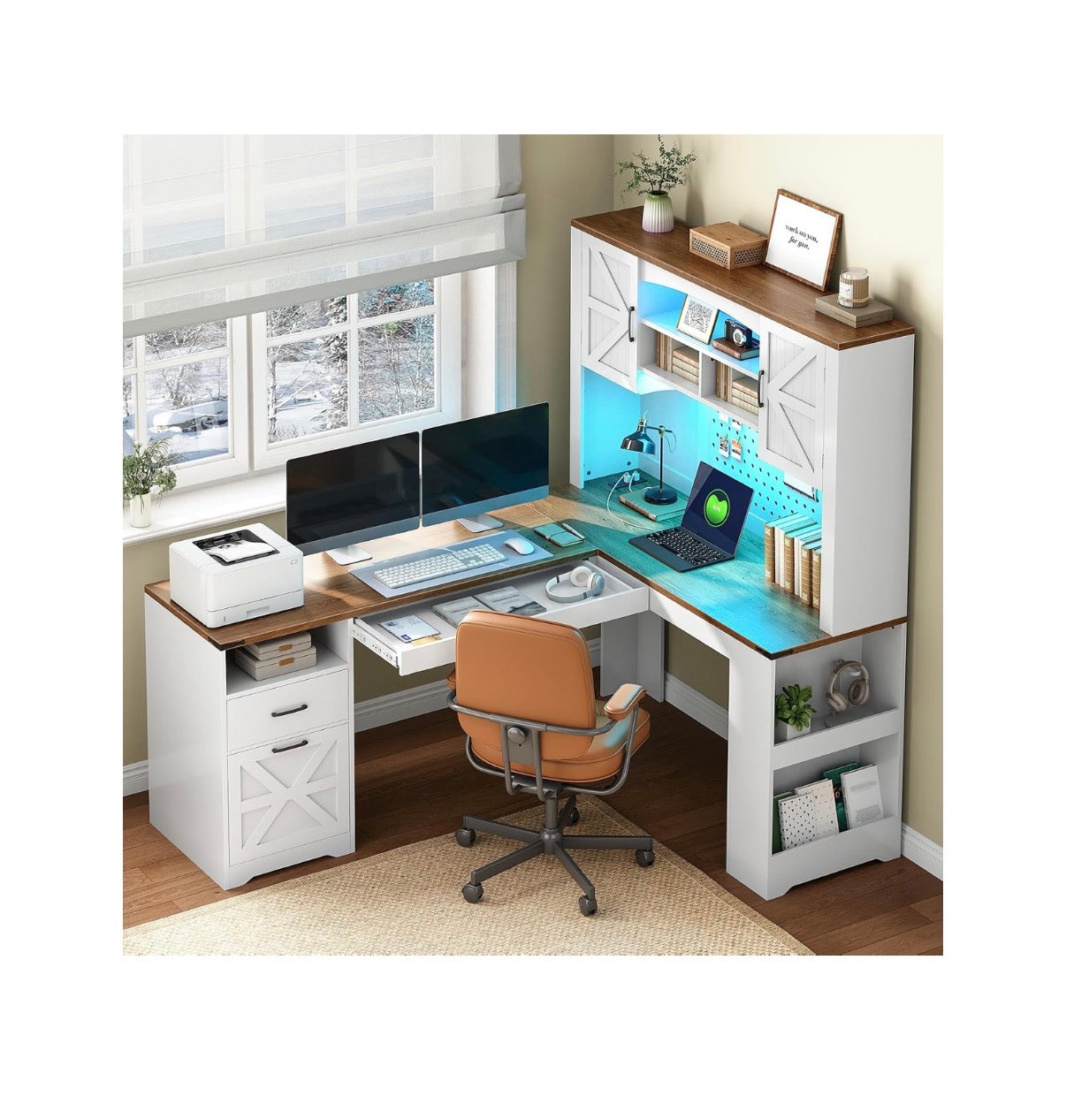 67 Inch L Shaped Executive Desk with Hutch, Farmhouse Corner Computer Desk with File Drawer, Wooden Office Desk with Storage Shelves and LED Lights for Home, Office (White/Walnut) (New in Box;2 boxes)