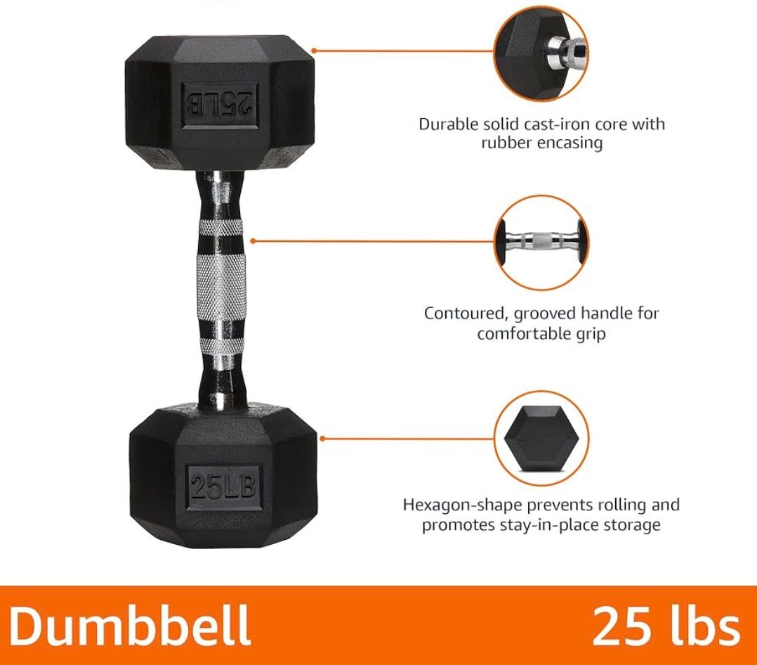 Amazon Basics Rubber Hex 25 lbs Dumbbell Hand Weight (New)
