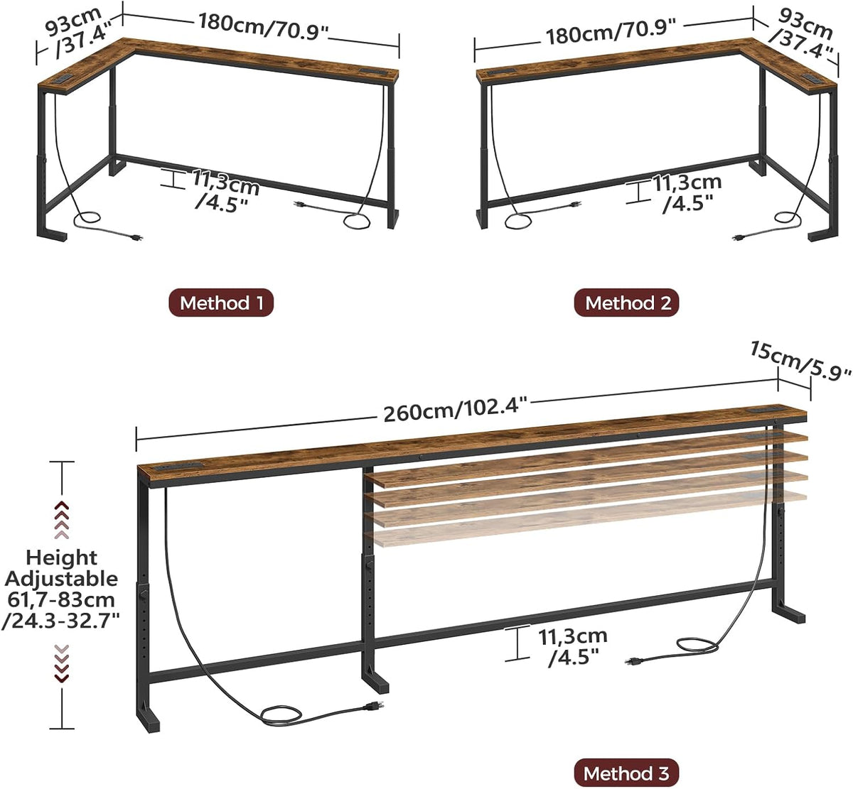 Adjustable Height Skinny Console Table w/ 2 Power Outlets