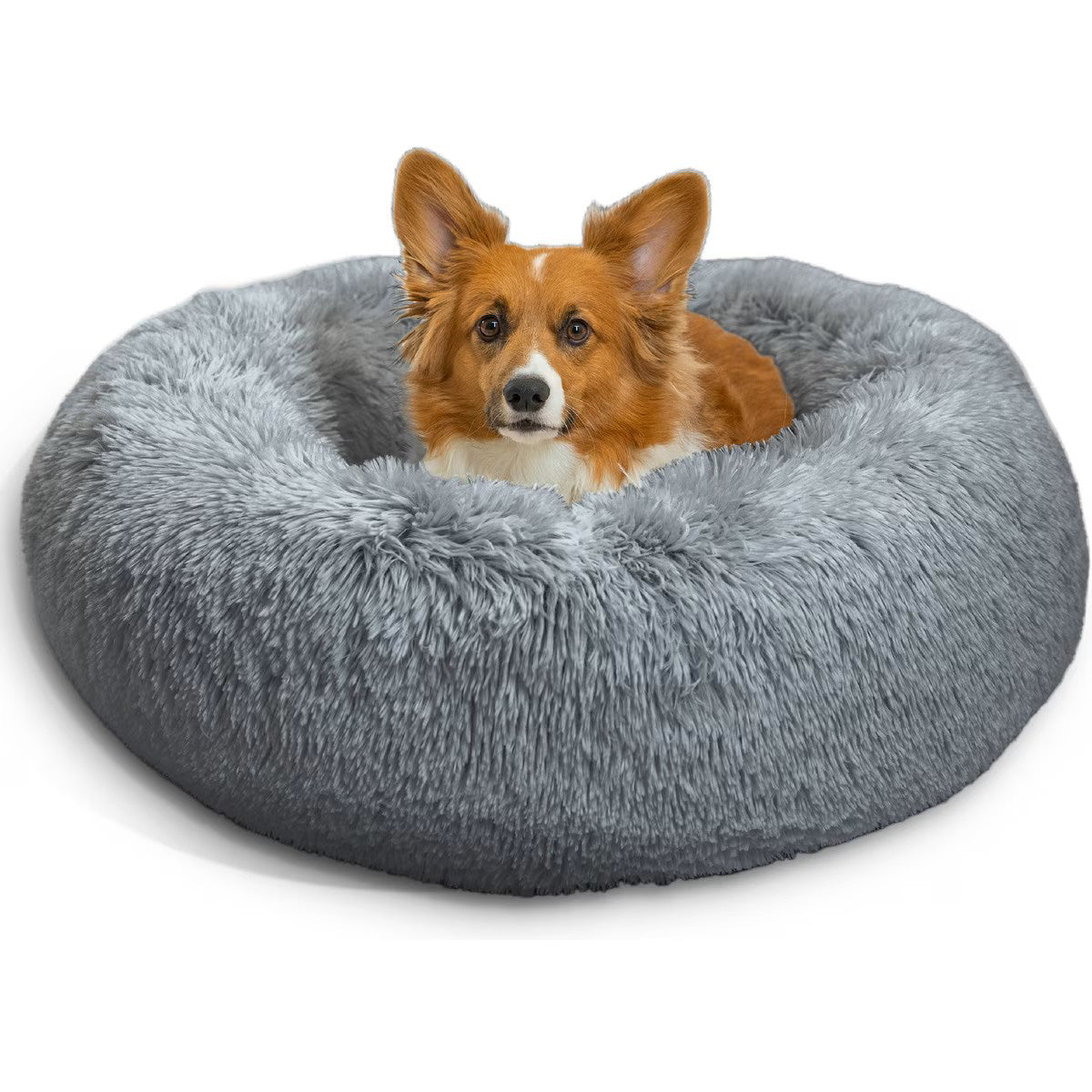 Calming Shag Fur Donut Cuddler Dog Bed, Grey, 23" Round-17" Sleeping Surface
