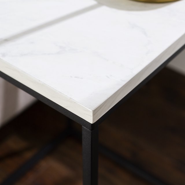 Walker Edison Urban Industrial Wood and Metal End Table, White Faux Marble
