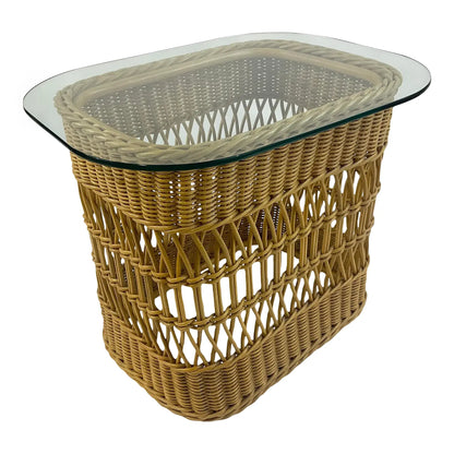 1980s Vintage Lloyd Flanders Coastal Boho Chic Thick Rattan & Bentwood Side Table