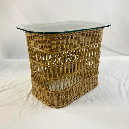 1980s Vintage Lloyd Flanders Coastal Boho Chic Thick Rattan & Bentwood Side Table