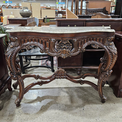 Large French Regency Carved Console Table With White Marble Top