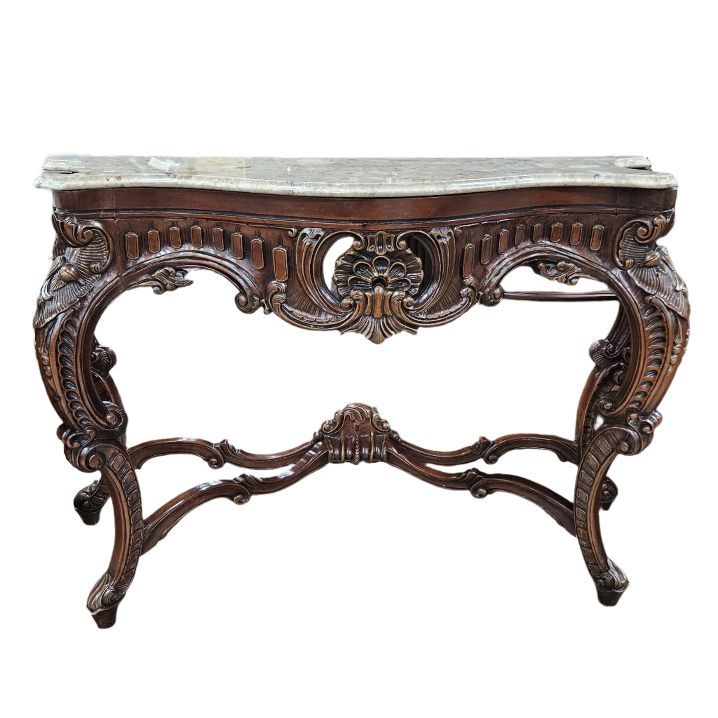 Large French Regency Carved Console Table With White Marble Top