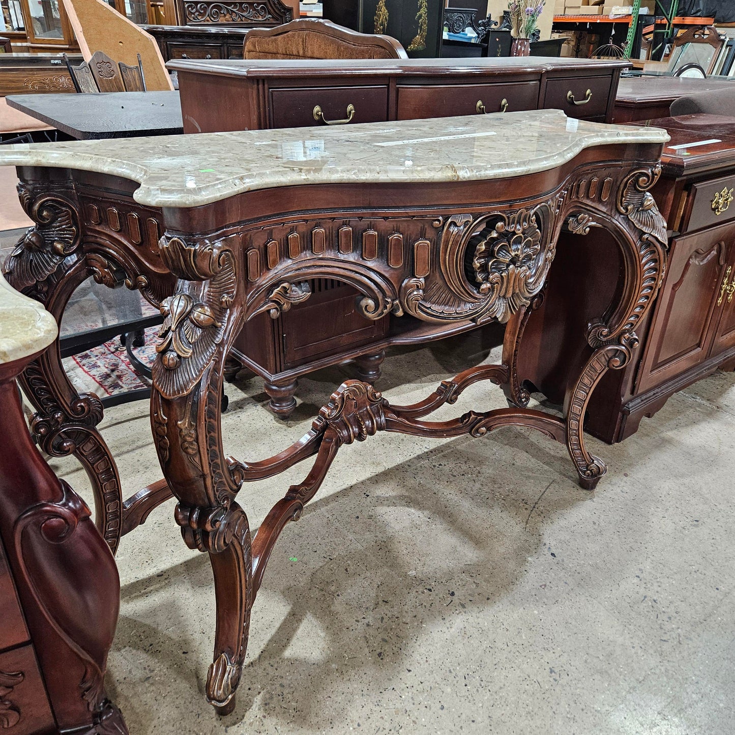 Large French Regency Carved Console Table With White Marble Top