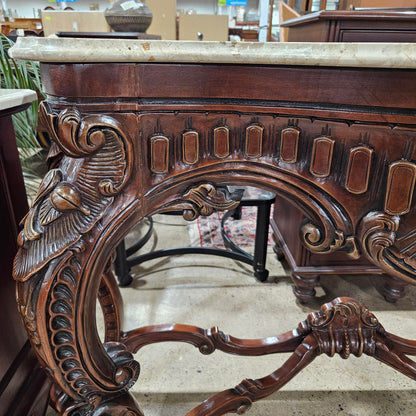 Large French Regency Carved Console Table With White Marble Top