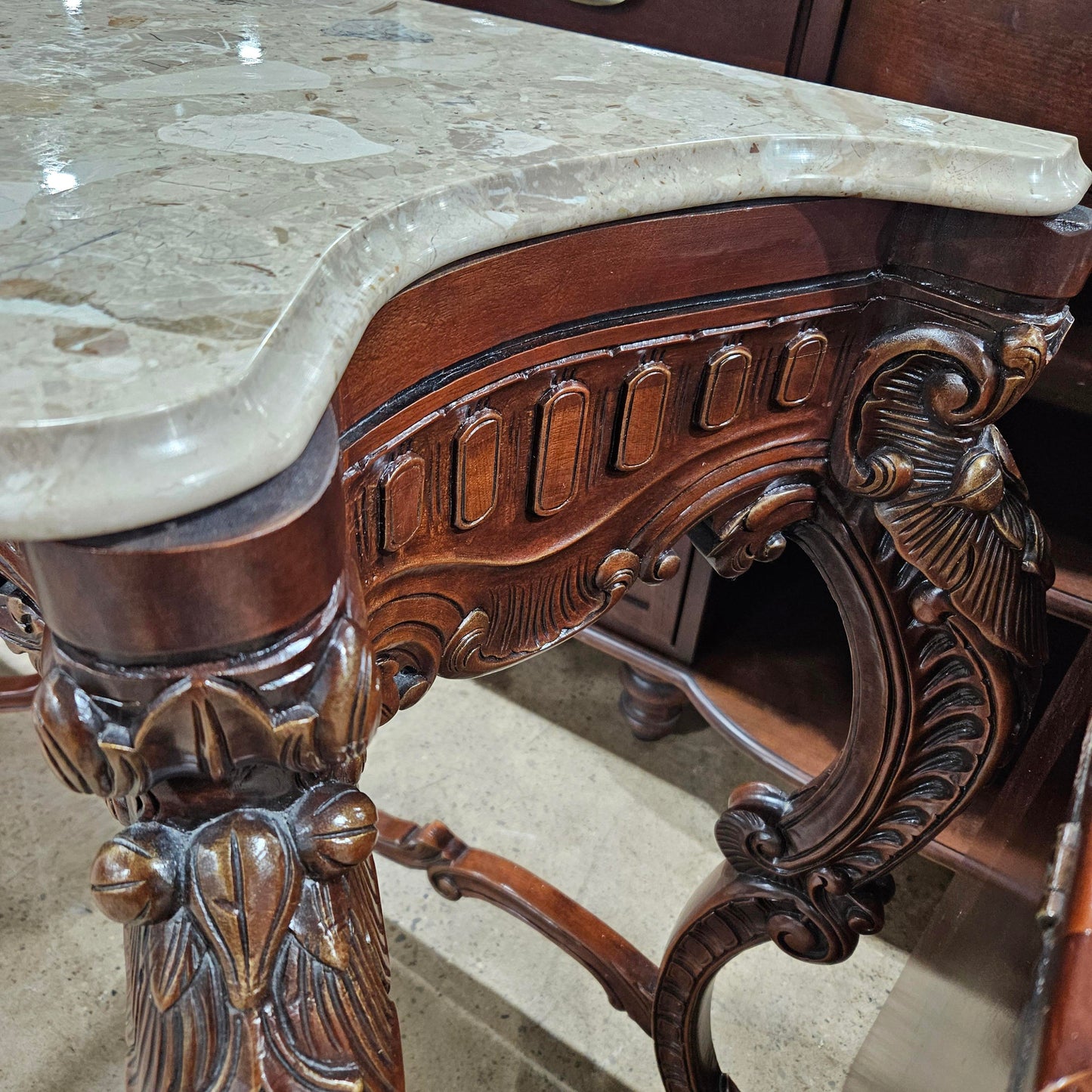 Large French Regency Carved Console Table With White Marble Top