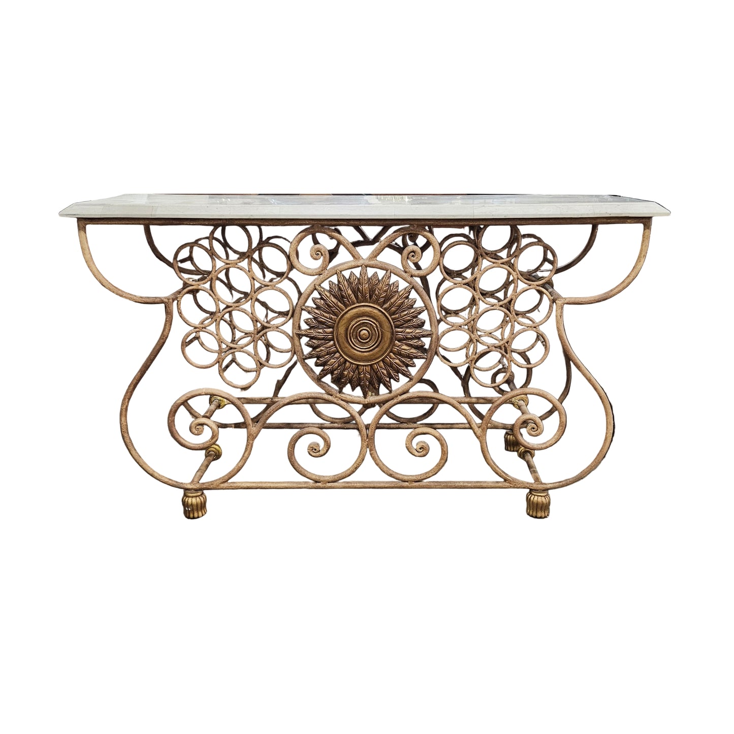 Vintage Wrought Iron Console Table With Tessellated Stone Top and Wine Rack