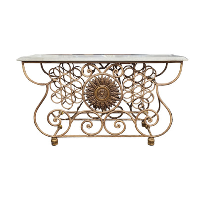 Vintage Wrought Iron Console Table With Tessellated Stone Top and Wine Rack