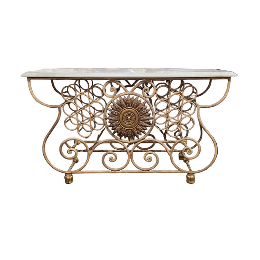Vintage Wrought Iron Console Table With Tessellated Stone Top and Wine Rack