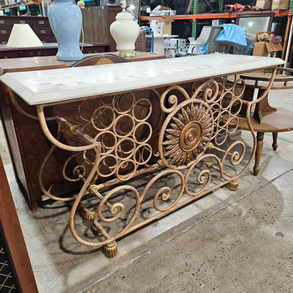 Vintage Wrought Iron Console Table With Tessellated Stone Top and Wine Rack