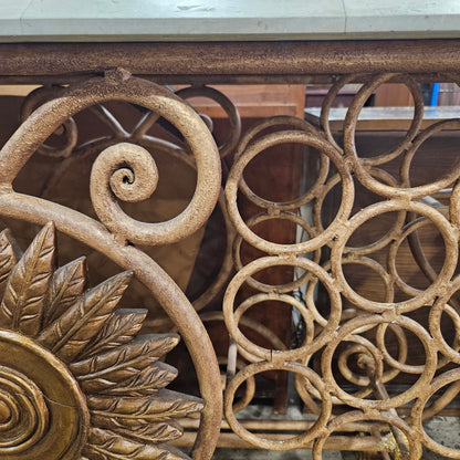 Vintage Wrought Iron Console Table With Tessellated Stone Top and Wine Rack